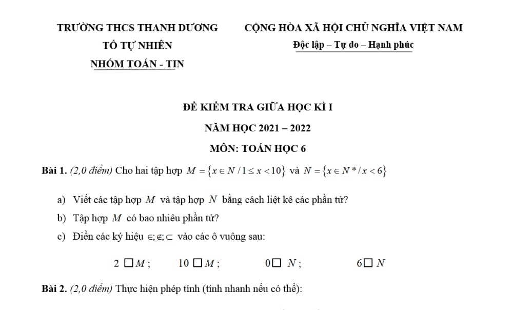 Toán 6: Đề kiểm tra giữa học kì 1. Trường THCS Thanh Dương năm học 2021-2022